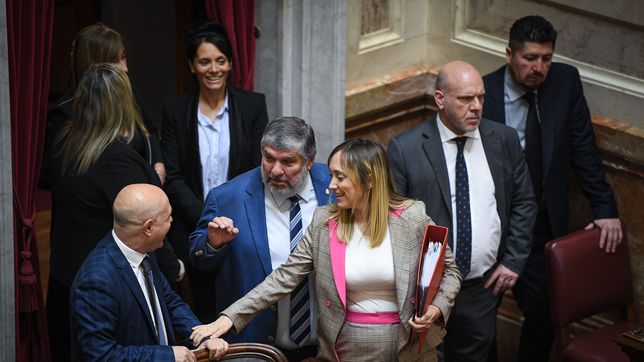 José Mayans y Anabel Fernández Sagasti (UP) saludan a Bartolomé Abdala (LLA) durante la última sesión del Senado.&nbsp;