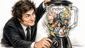 Javier Milei y su licuadora, otra vez al mango (imagen generada con inteligencia artificial).