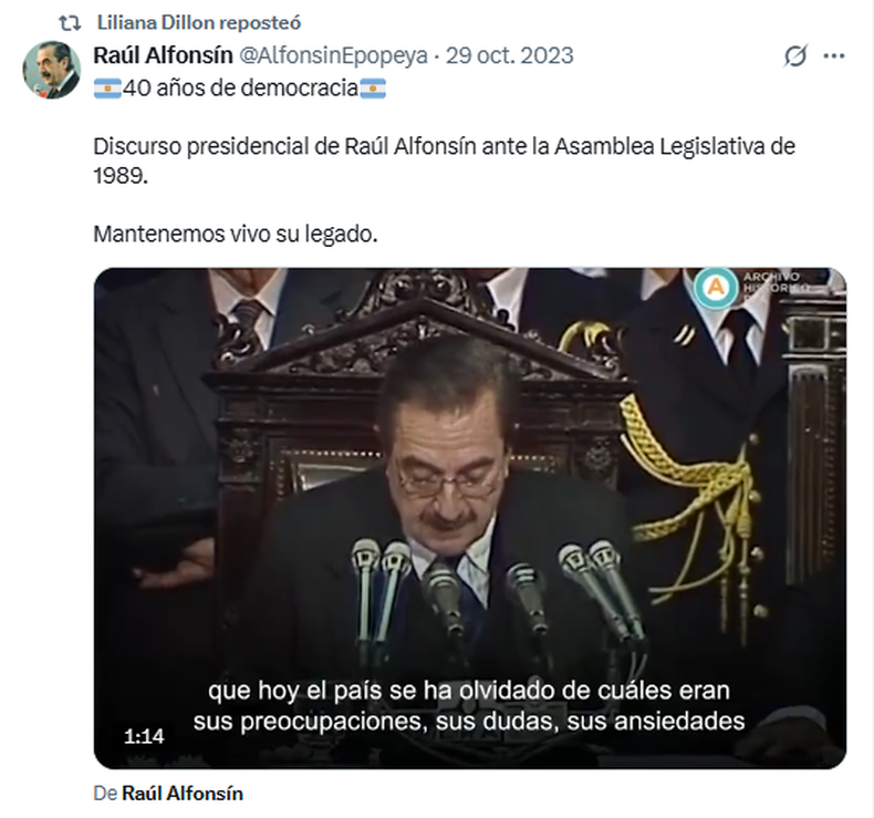 Captura del repost de Liliana Dillon en su recuerdo al radical Alfonsín.