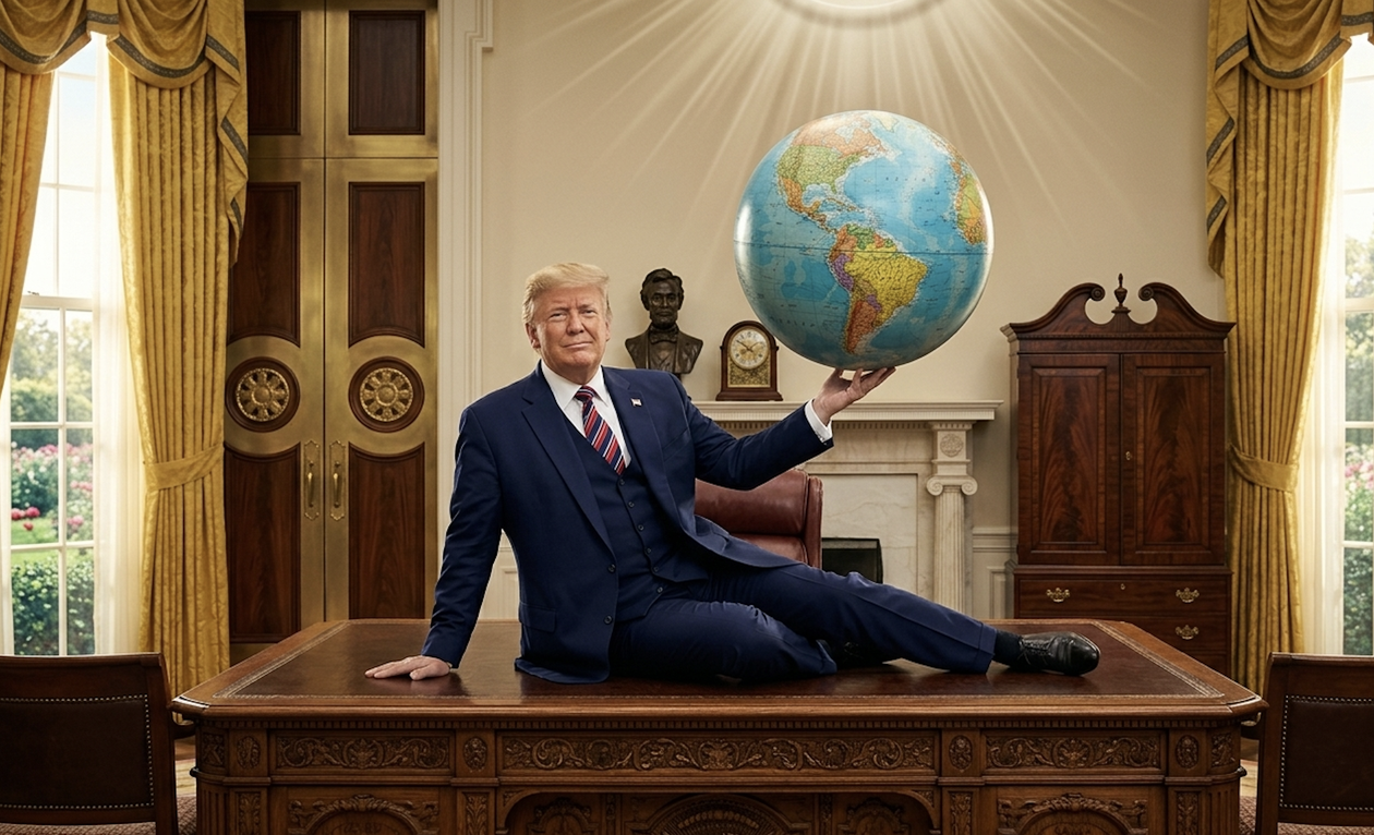 A lo Charles Chaplin, Donald Trump juega con el mundo desde la Oficina Oval (imagen generada con inteligencia artificial).