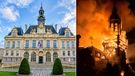 El Ayuntamiento de la ciudad francesa de Limoges, un edificio construido en 1883 y declarado monumento histórico en 1975, antes y después de que un incendio provocado lo devorara y terminara por hacer colapsar su campanario.