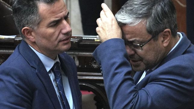 Los jefes de bloque de Diputados Gabriel Bornoroni (LLA) y Germán Martínez (UP). Javier Milei no quiere que debatan el swap con China.&nbsp;