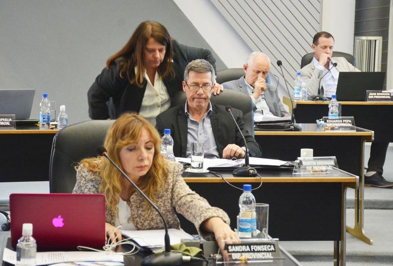 Sandra Fonseca, diputada de Comunidad Organizada, María Laura Trapaglia, legisladora del PRO de La Pampa y Martín Ardohain, ahora diputado nacional del macrismo: en la misma vereda, contra Ziliotto y cerca de Bullrich.