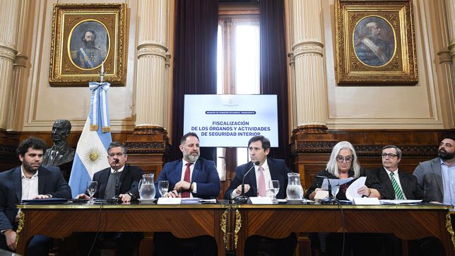 Los miembros de la Comisión bicameral del Congreso, con funcionarios de Patricia Bullrich. Unión por la Patria busca derogar decretos.&nbsp;