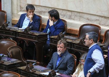 Facundo Manes, con sus pares Pablo Juliano y Jorge Rizzotti (DPS). Mira Germán Martínez (Unión por la Patria). Bloques claves de la oposición, que busca superar la presión de Diego Santilli.&nbsp;