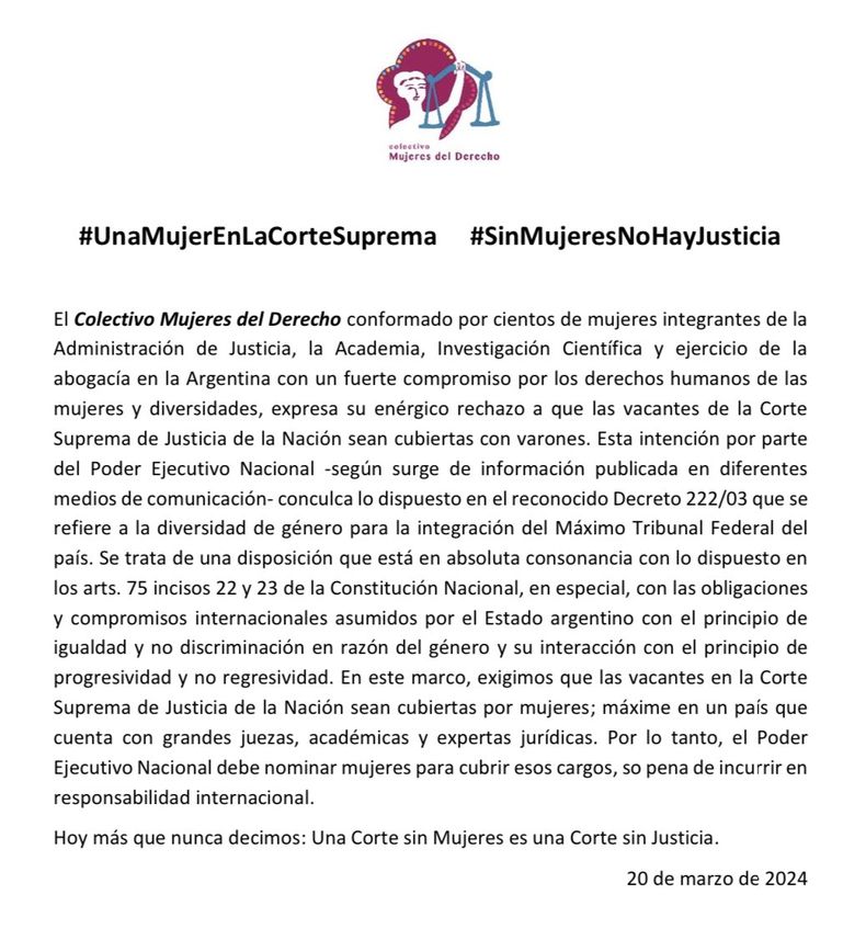 Corte Suprema: repudio a la ausencia de mujeres en los pliegos que propone el Gobierno.