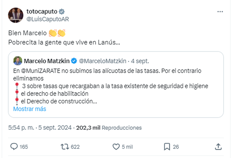 El mensaje del ministro de Economía, Toto Caputo, que replicó Javier Milei.