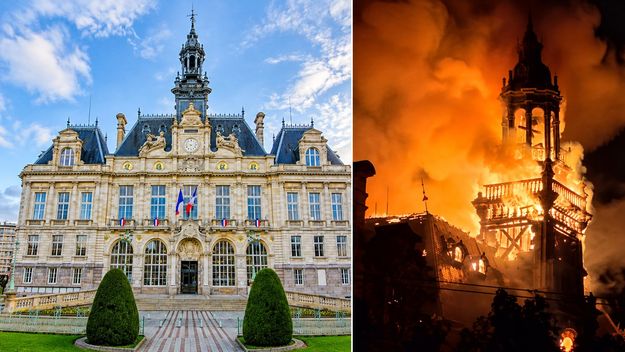 El Ayuntamiento de la ciudad francesa de Limoges, un edificio construido en 1883 y declarado monumento histórico en 1975, antes y después de que un incendio provocado lo devorara y terminara por hacer colapsar su campanario.