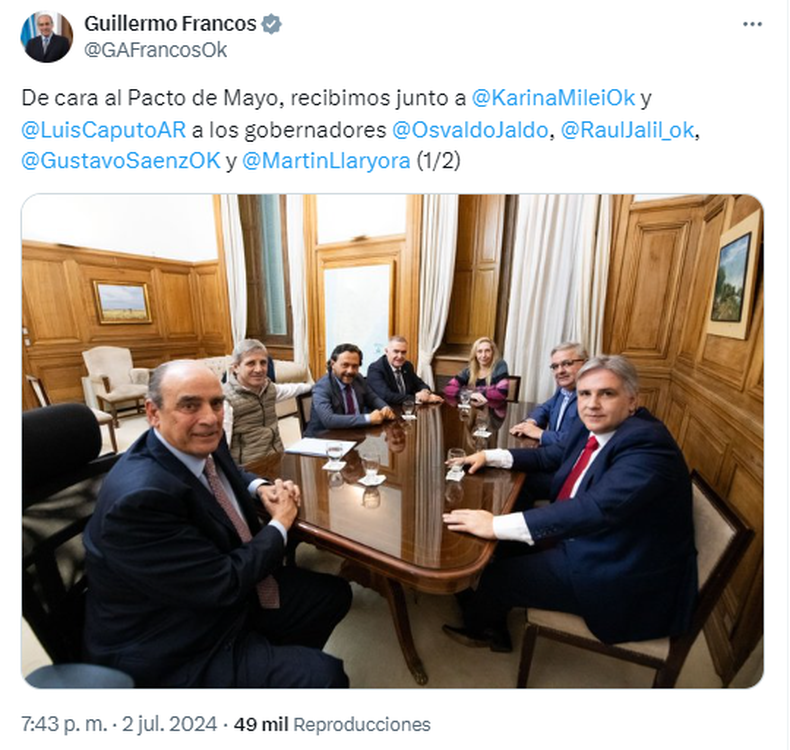Guillermo Francos, Karina Milei, Toto Caputo y los gobernadores del PJ dialoguista.