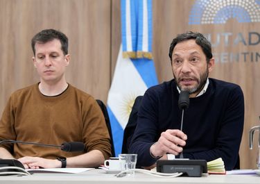 Juan Marino (UP) y Maximiliano Ferraro (CC), en la comisión $Libra, en la reunión sobre la acción de Javier Milei. 
