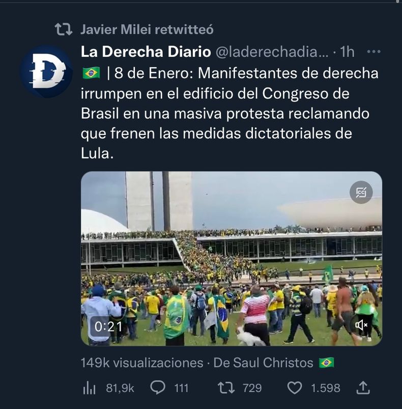 En enero del año pasado, Javier Milei hizo suya la narrativa golpista de la ultraderecha brasileña.