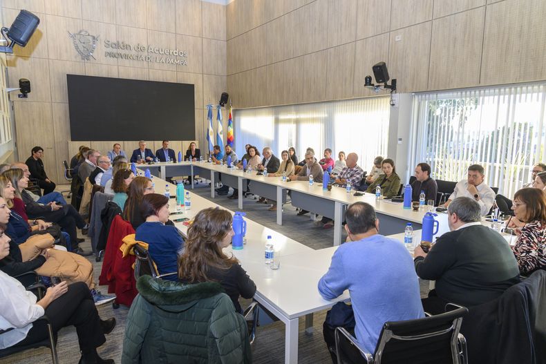 El gobernador de La Pampa, Sergio ZIliotto, junto a decenas de representantes de colegios profesionales de la provincia: resistencia a la desregulación libertaria.