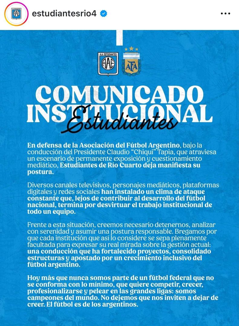 El comunicado de Estudiantes de Río Cuarto a favor de Chiqui Tapia 