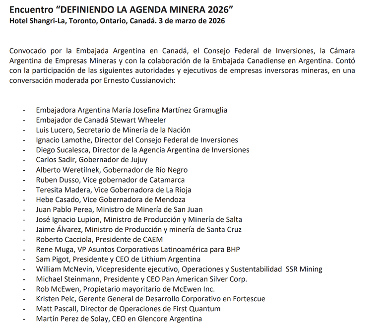 Todos los participantes de la mesa redonda que armó la Cámara de Empresas Mineras (CAEM) en Toronto.