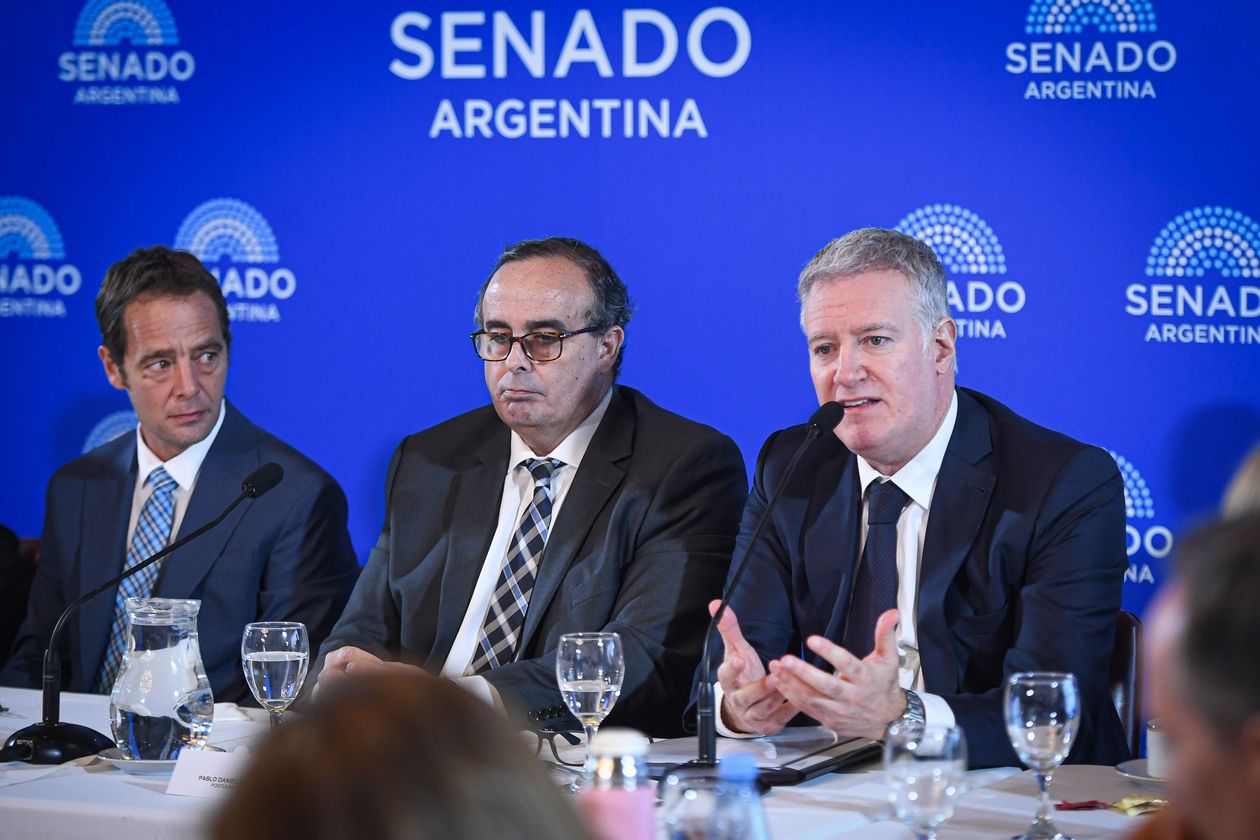 Pablo Bertuzzi y Pablo Yadarola, junto a Diego Villanueva (Primero), durante la exposición de los pliegos que envió Mahiques al Senado.&nbsp;&nbsp;