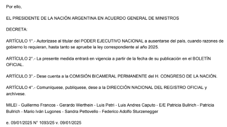 Decreto del presidente Milei que autoriza al presidente Milei a viajar al exterior. 