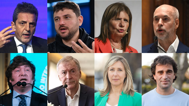 Sergio Massa, Juan Grabois, Patricia Bullrich, Horacio Rodríguez Larreta, Javier Milei, Juan Schiaretti, Myriam Bregman y Gabriel Solano (de izquierda a derecha y de arriba hacia abajo)