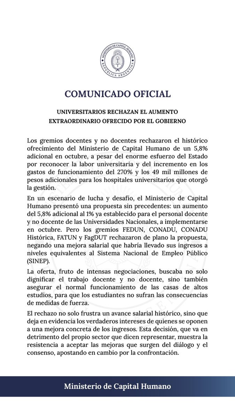 Gremios docentes y no docentes rechazaron aumento adicional del 5,8% ofrecido por el gobierno de Javier Milei.