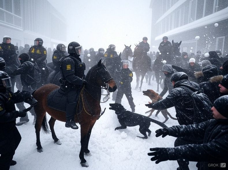 Representación de una protesta con bolas de nieve contra la policía en Noruega (Imagen generada por IA). 