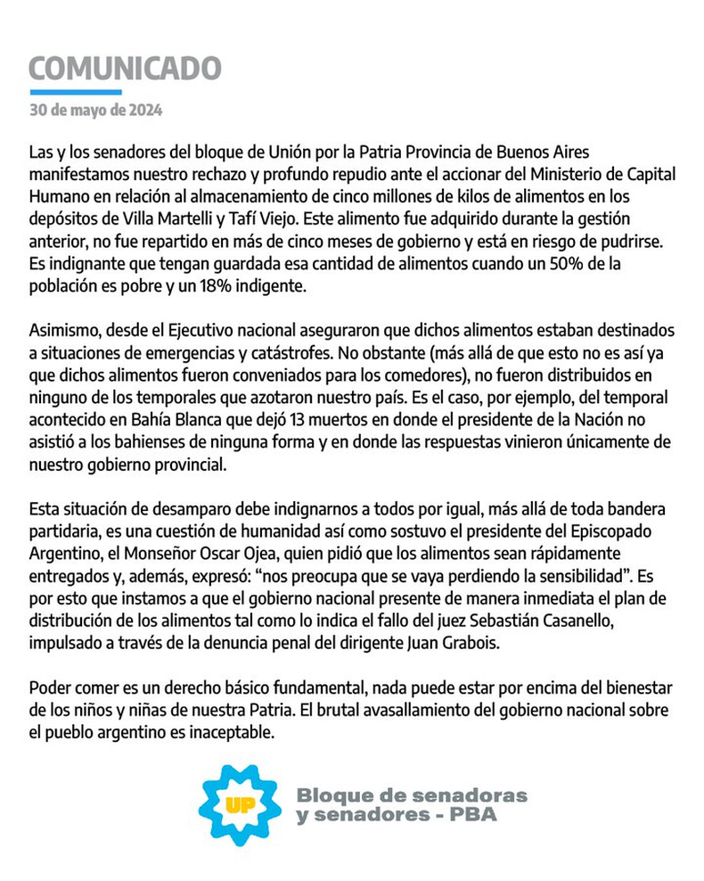 Senadores de Unión por la Patria le reclamaron al Gobierno la distribución de alimentos almacenados. Senadores de Unión por la Patria le reclamaron al Gobierno la distribución de alimentos almacenados.