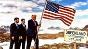Escoltado por el vicepresidente J. D. Vance y por el canciller Marco Rubio, Donald Trump coloca la bandera estadounidense en Groenlandia, según un montaje publicado en las redes sociales por el presidente y por las cuentas oficiales de la Casa Blanca.