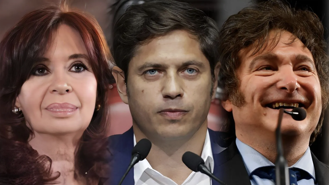 Cristina Fernández de Kirchner, Axel Kicillof y Javier Milei. La entrevista del gobernador con Clarín despertó un mar de suspicacias. 