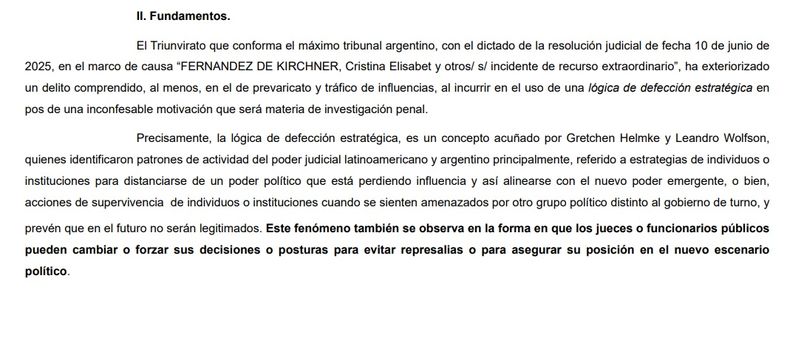 Extracto de la denuncia penal a los jueces de la CSJN a la que Letra P accedió en exclusivo.