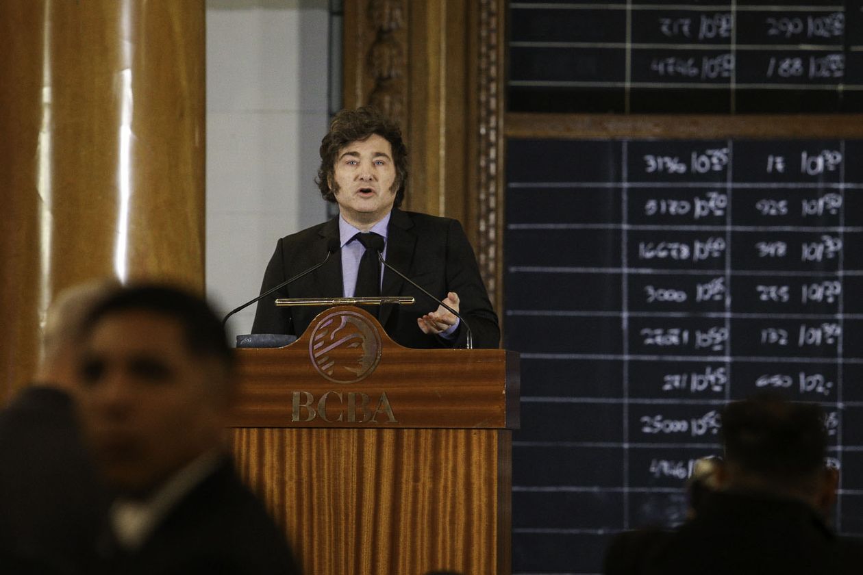 Javier Milei en la Bolsa de Buenos Aires.