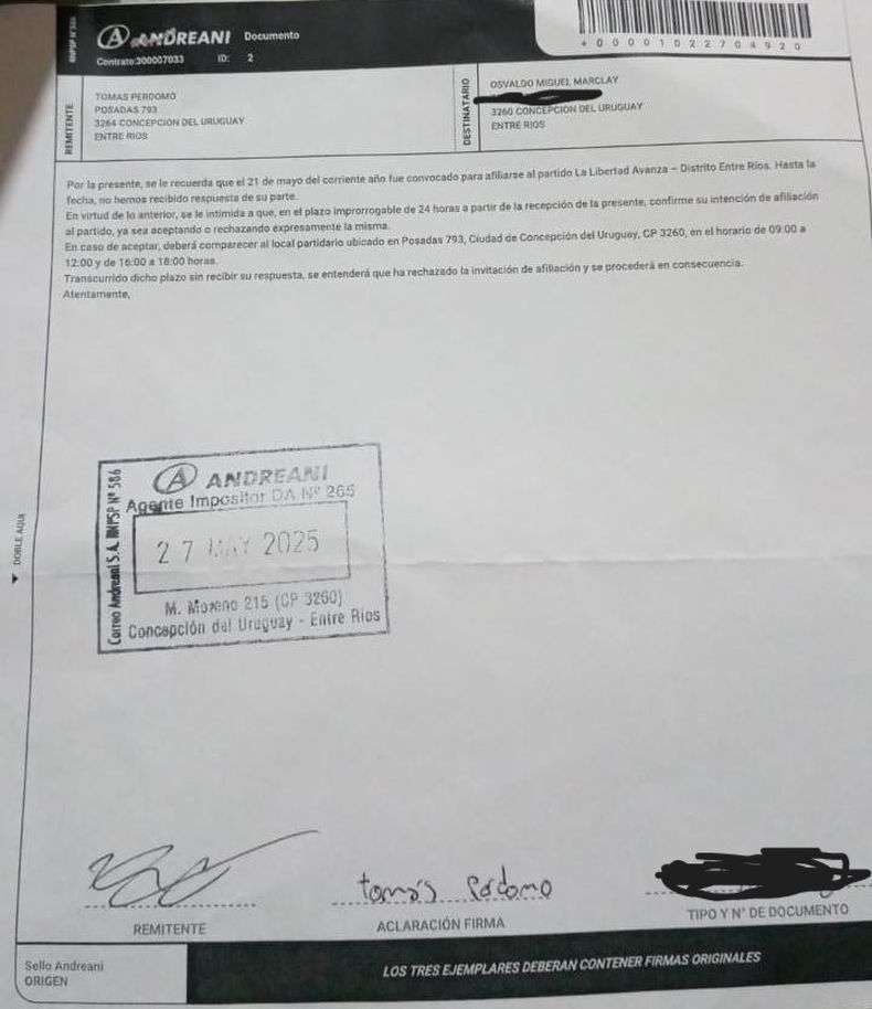 La carta documento que recibieron dos concejales de La Libertad Avanza en Concepción del Uruguay.