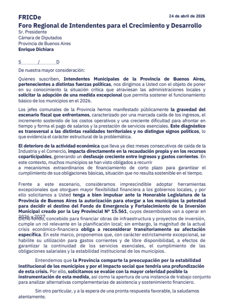 El documento que hizo circular un grupo de intendentes.