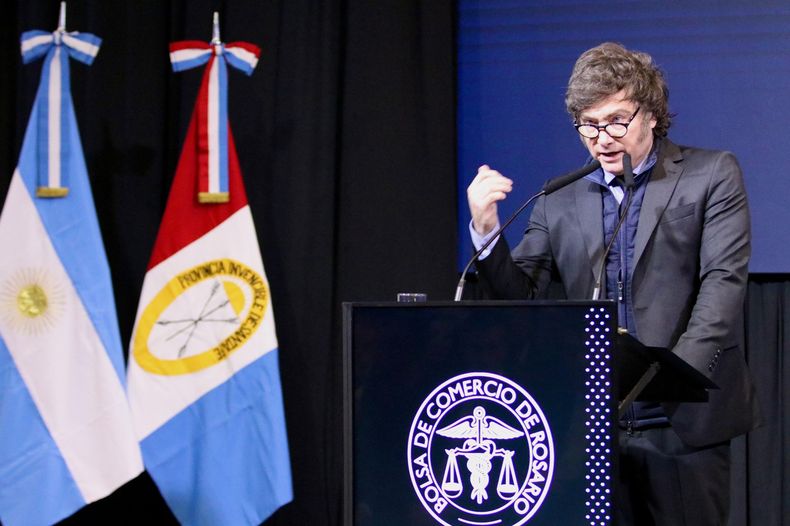 Javier Milei en la Bolsa de Comercio de Rosario.