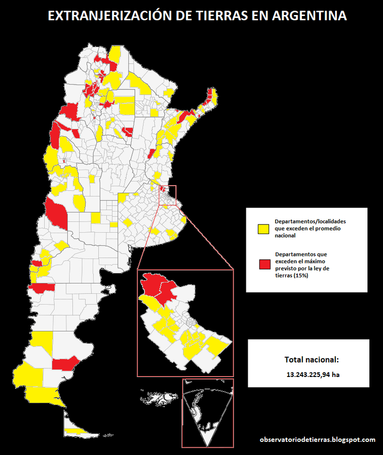 La extranjerización de tierras, departamento por departamento, según el Observatorio de Tierras.