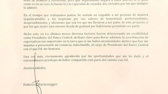 sturzenegger: ?diversos factores fueron deteriorando mi credibilidad?