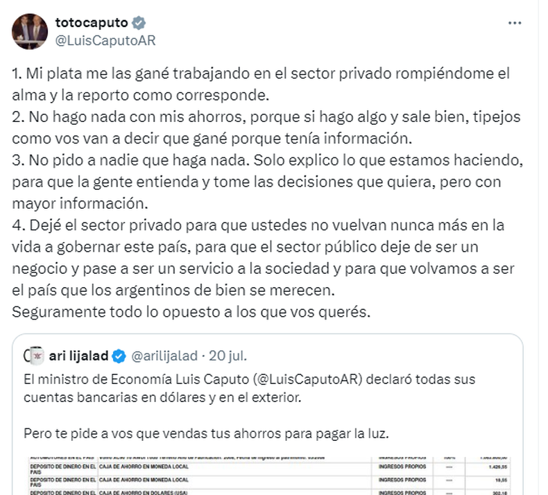 Captura de pantalla del tuit de Toto Caputo.