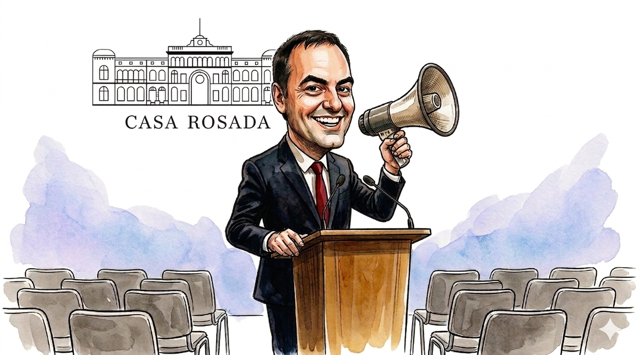 Manuel Adorni, solo en la sala de prensa de la Casa Rosada (imagen generada con inteligencia artificial).