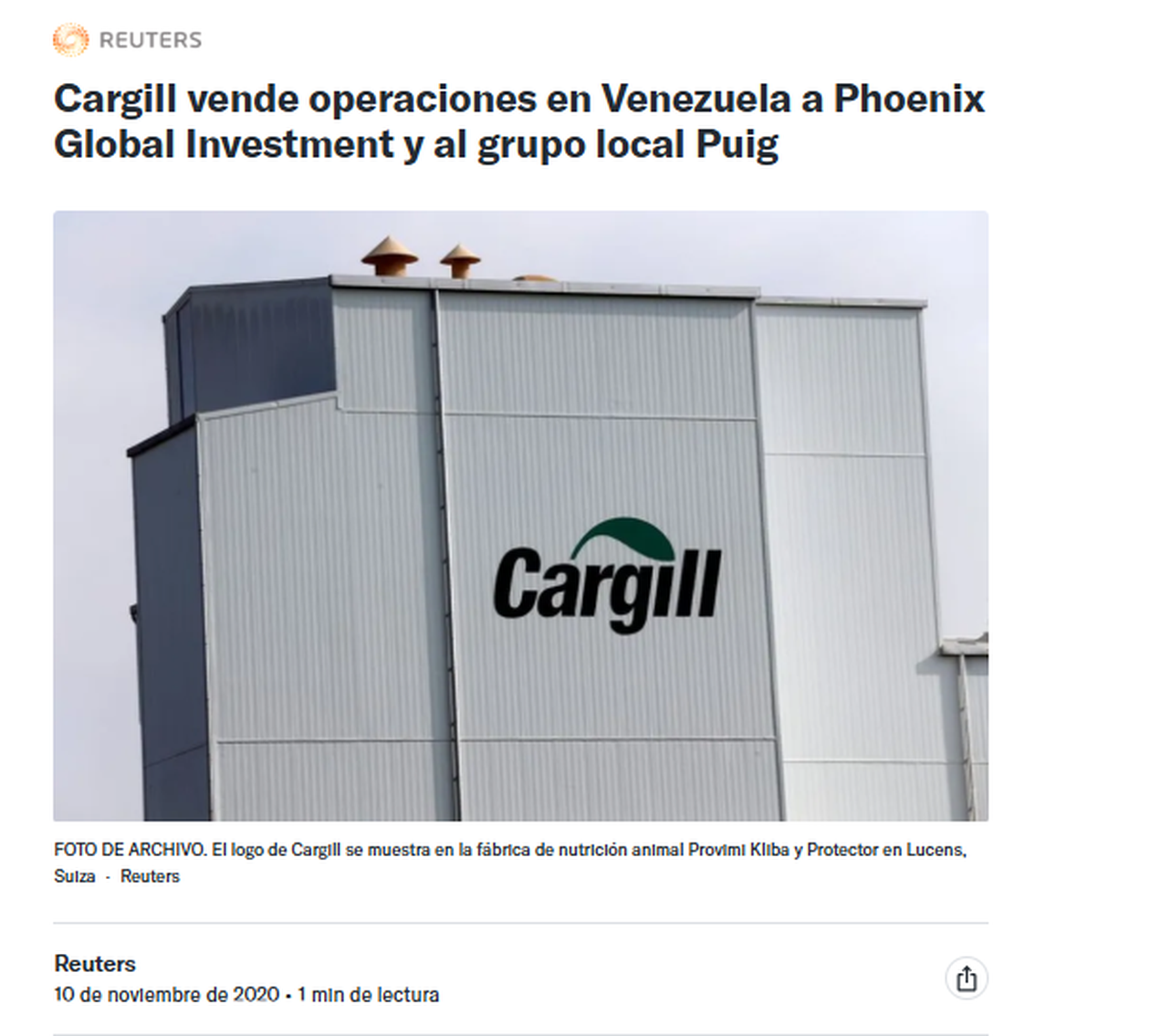 La salida de Cargill de Venezuela y el ingreso de Phoenix Global Fund, apenas un cable de un minuto de lectura.