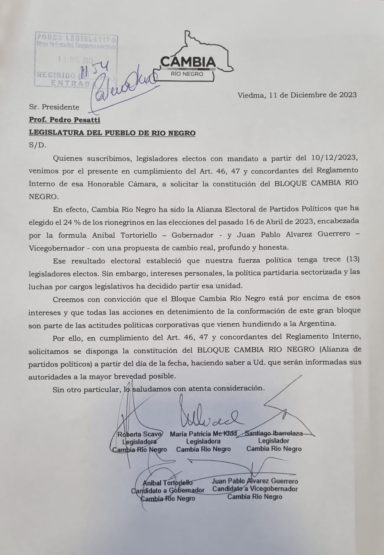 La nota enviada por el sector rival a Juan Martín al presidente de la Legislatura de Río Negro. &nbsp;