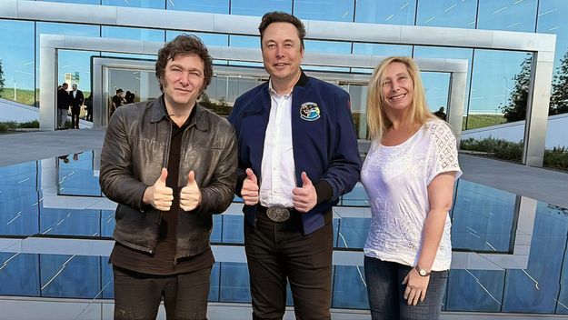 Javier Milei, Elon Musk y Karina MIlei.&nbsp;