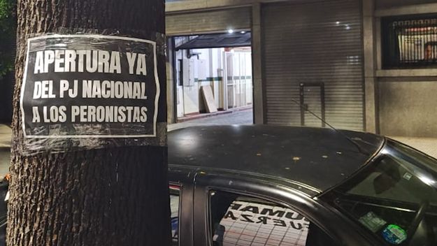 Carteles frente a la sede del PJ: arde la interna del peronismo. Carteles frente a la sede del PJ: arde la interna del peronismo.