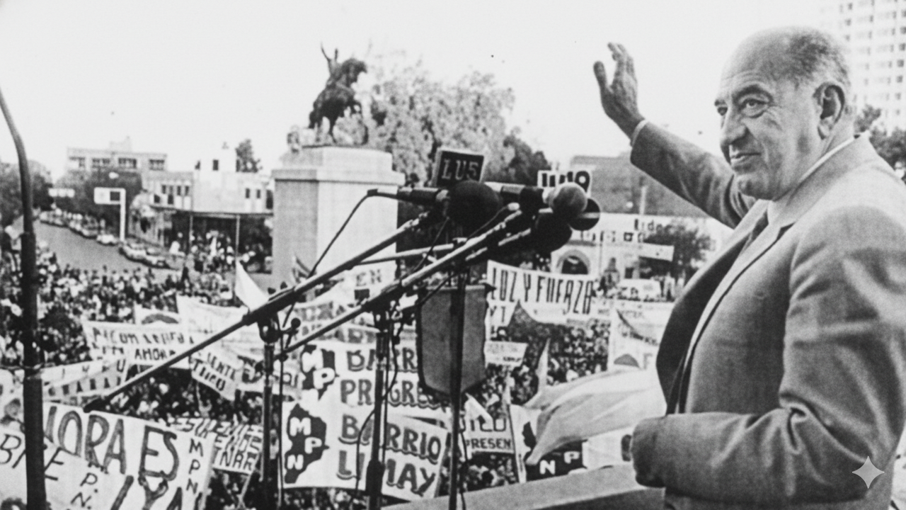 Felipe Sapag, el fundador del MPN, saluda a la plaza en Neuquén en los años 80. 