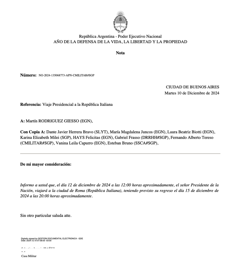 La notificación de Javier Milei a Victoria Villarruel.