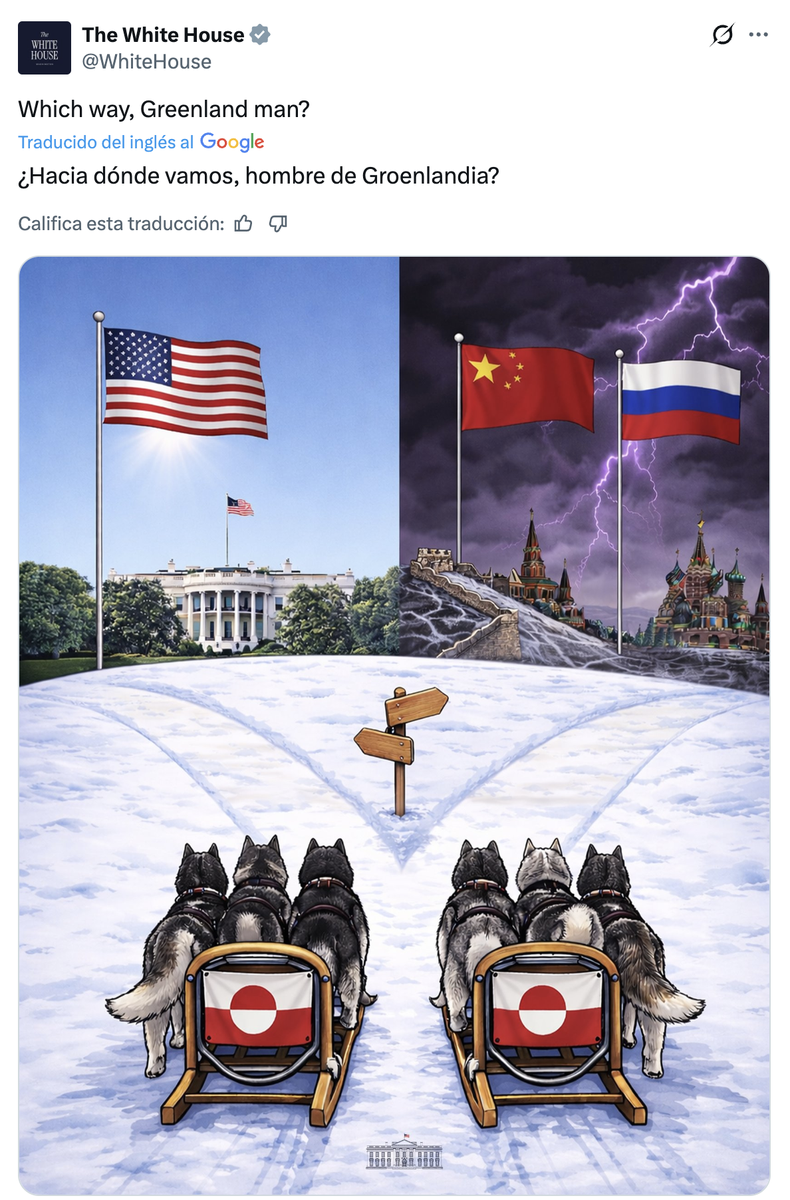 La Casa Blanca se burló en X de las capacidades defensivas de Dinamarca en Groenlandia tras un fallido encuentro en Washington entre, por un lado, el vicepresidente J. D. Vance y el secretario de Estado Marco Rubio y, por el otro, los cancilleres danés y groenlandés Lars Rasmussen y Vivian Motzfeldt.