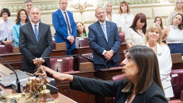 Clara García jura su nuevo cargo de presidenta de la Cámara. De fondo, observan Omar Perotti y Marcos Corach