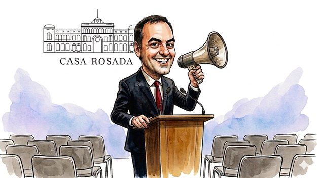 Manuel Adorni, solo en la sala de prensa de la Casa Rosada (imagen generada con inteligencia artificial).