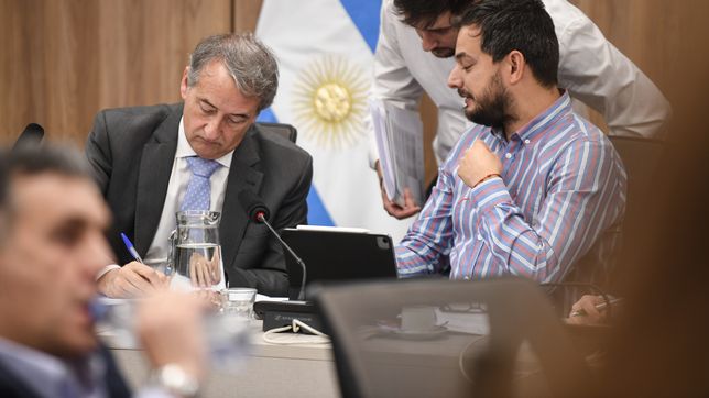 Nicolás Mayoraz y Álvaro Martínez (LLA), durante el plenario de comisiones por DNU.&nbsp;