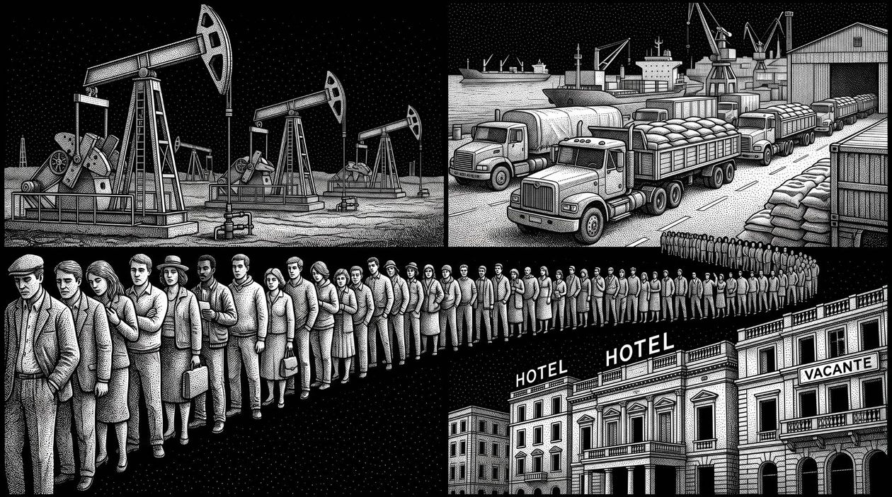 El desempleo avanza en el país de Vaca Muerta y la supercosecha (imagen generada con IA).