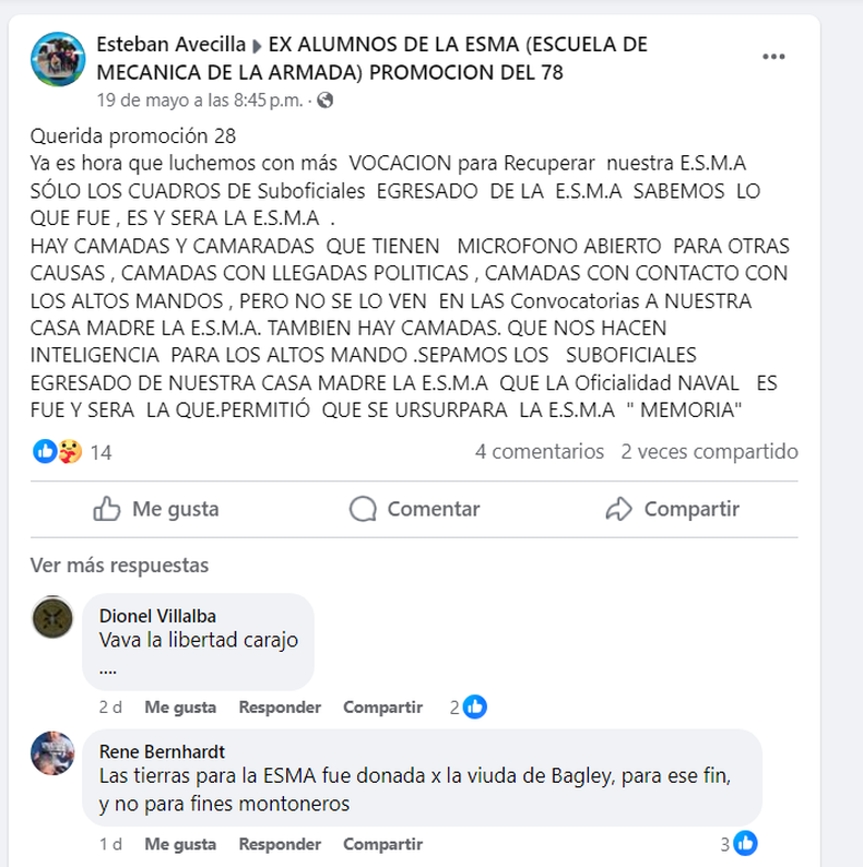 La arenga en Facebook de uno de los miembros del grupo de exalumnos de la ESMA.