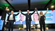 Martín Llaryora y Myrian Prunotto, la fórmula de Hacemos Unidos por Córdoba, junto al gobernador Juan Schiaretti.&nbsp;
