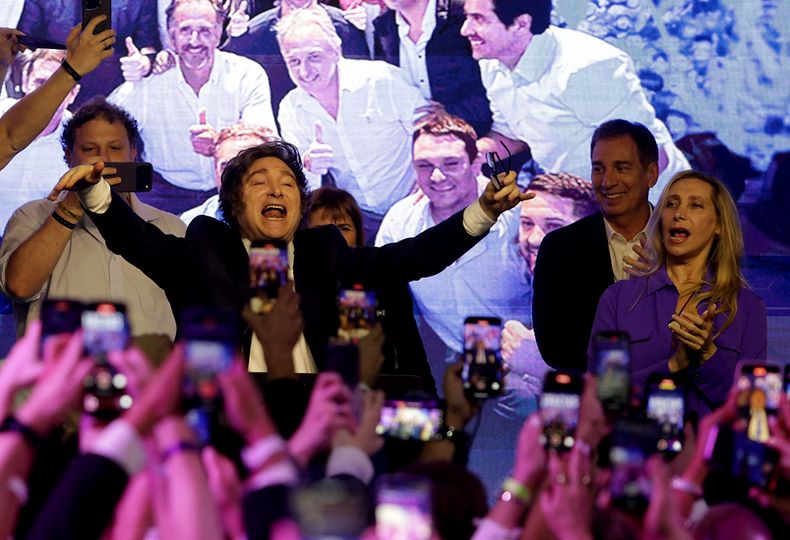 Celabración de Javier MIlei en el búnker de LLA.&nbsp;