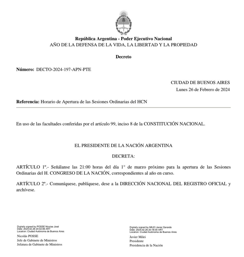 El decreto del presidente Javier Milei que dispone las 21 como la hora para la ceremonia en el Congreso.&nbsp;